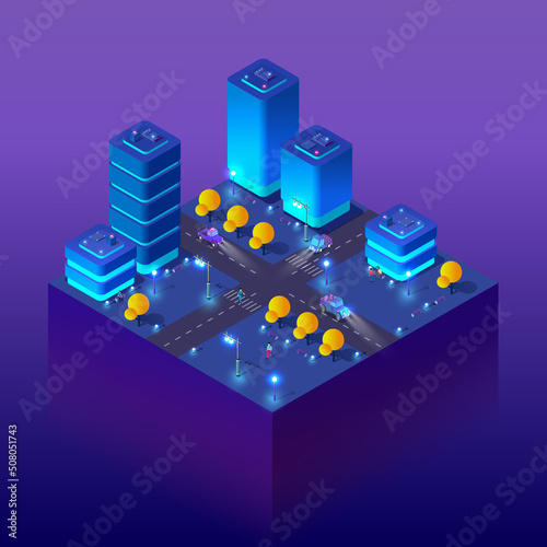 Night smart isometric city 3D illustration for design