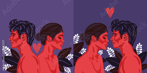 The concept of an argument or conflict in family or between lovers and its solution. Striving for peace, harmony and love. Couple in love man and woman. Vector flat illustration.