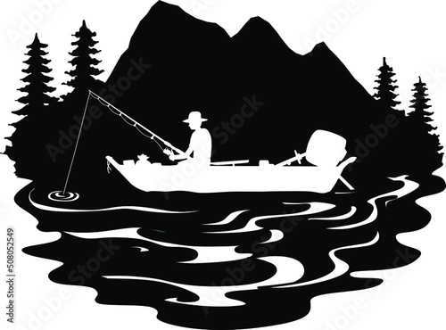 Bass Fishing Scene vector, Fisherman, Boat, Fish, Boating, Fishing Clipart Silhouettes