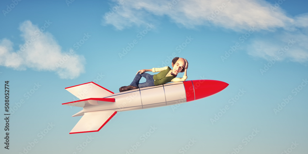 Naklejka premium Man on a flying rocket missile.