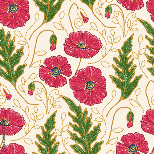 Poppy flower embroidery - Ukrainian seamless pattern. Vector illustration
