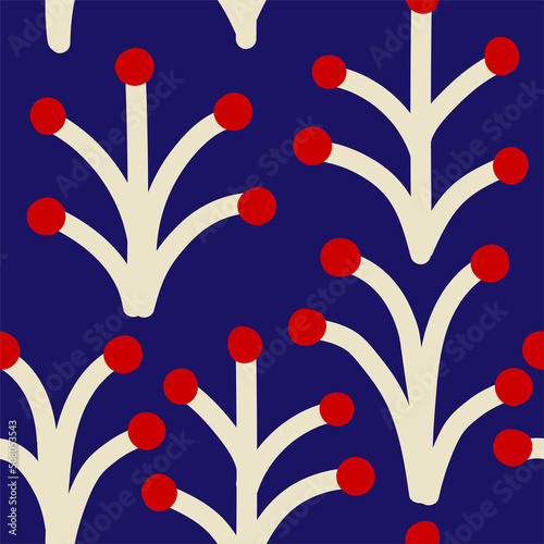 Cute abstract seamless pattern with simple branches of berries on bright blue background. Minimalistic vector design for wallpaper, textile, home decor and ect.