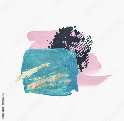 Vector abstract gold, blue, black and pink stains on light gray background for your design