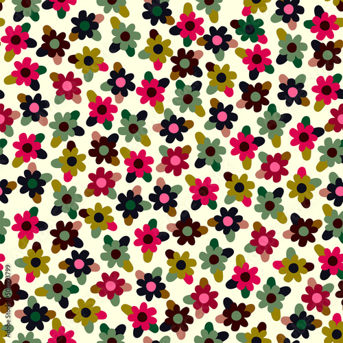 Cute funny seamless pattern witn multicilor simple flowers on white background. Childish floral print with wildflowers for wallpaper, textile, design paper, dresses.
