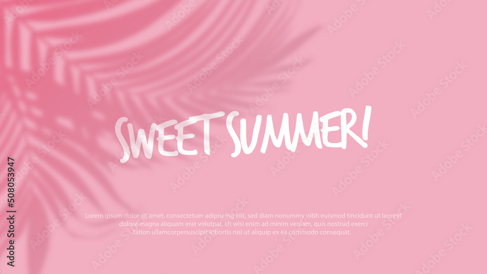 Palm tropical leaves shadow overlay on pink background. Social media banner summer template
