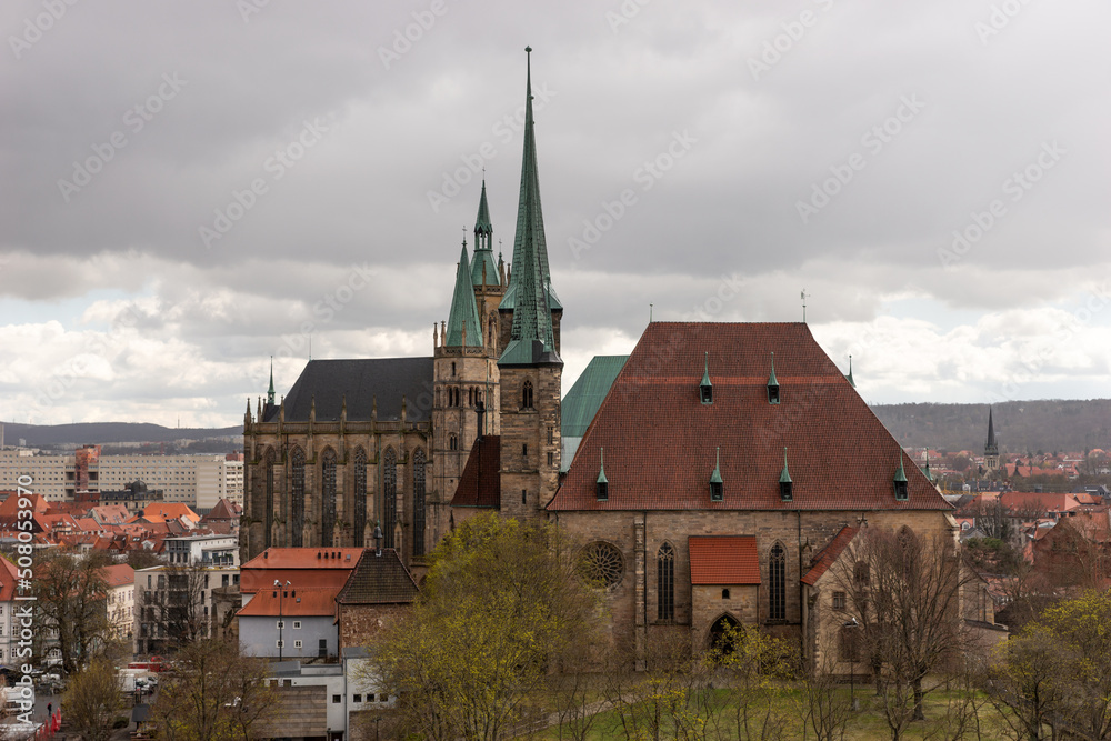 View of the city of Erfurt with its historic cathedral. Thuringia. Germany