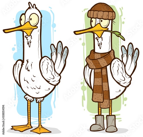 Cartoon funny cute goose or duck in hat, scarf and boots holding green grass in beak. Vector set.