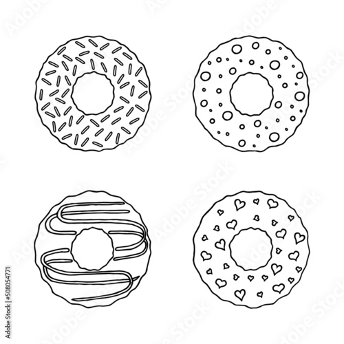 Four donuts with different glazes. Hand Drawn. Freehand drawing. Doodle. Sketch.	