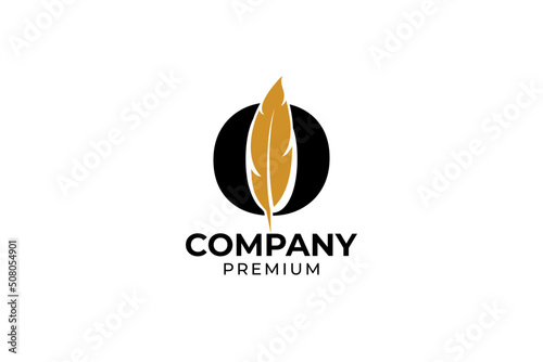 Flat initial letter O with feather pen logo design