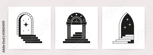 Minimal boho line doors staircases. Mystic linear tattoo icons, bohemian window frames steps. Vector esoteric card set
