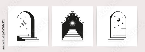 Minimal boho line doors staircases. Mystic linear tattoo signs, bohemian window frames steps. Vector esoteric card set