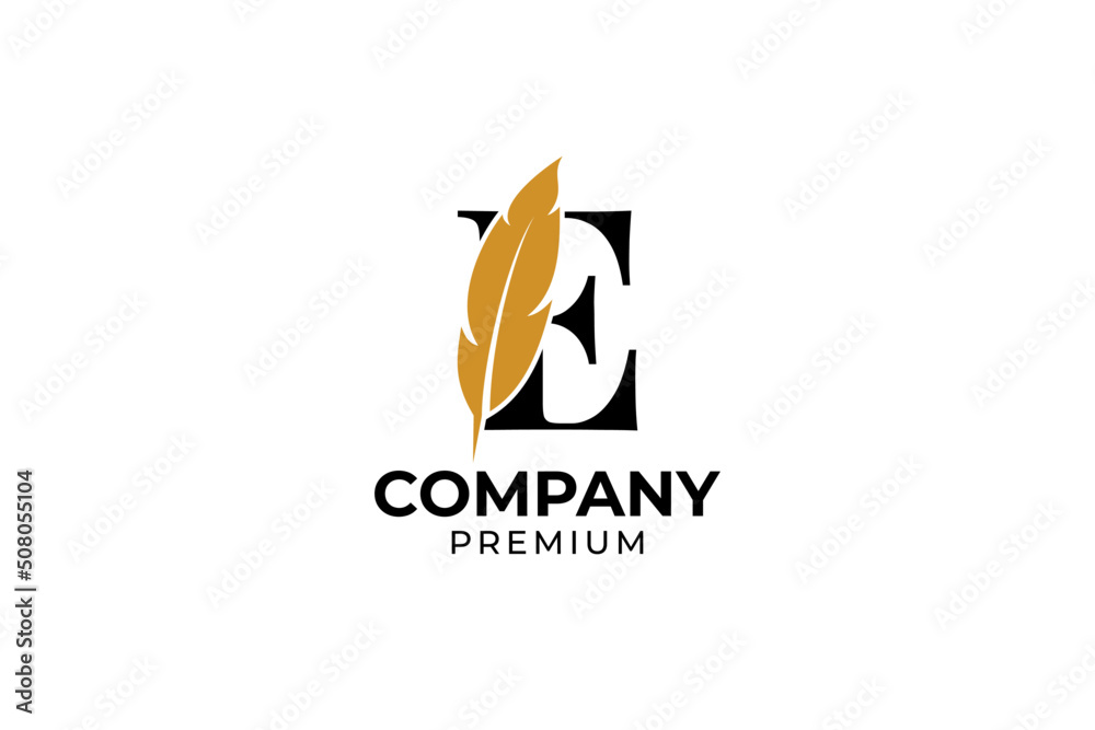 Flat initial letter E with feather pen logo design Flat initial letter E with feather pen logo design