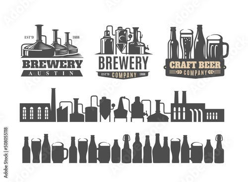 Brewery beer badges. Emblems, hop lager and pub badge set.