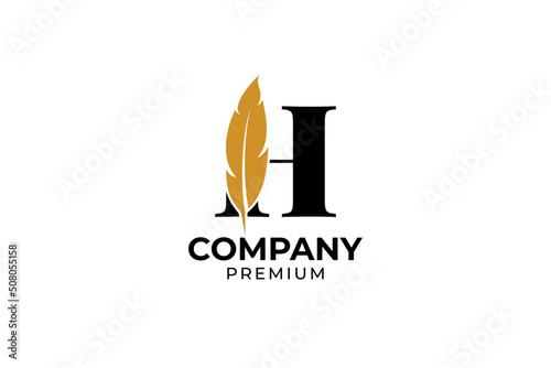 Flat initial letter H with feather pen logo design