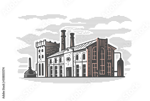 Old factory vector. Engraving style drawing. Plant sketch building emblem.