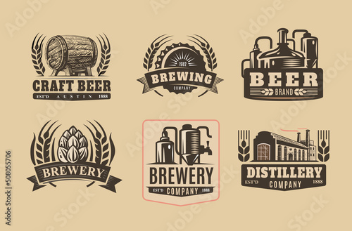 Brewery beer badges. Emblems, hop lager and pub badge set.