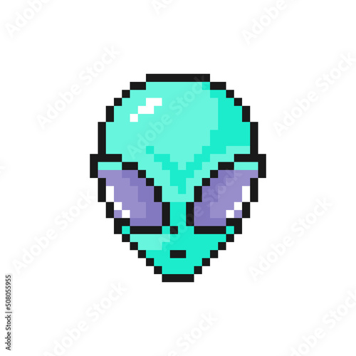 Green humanoid alien head with big eyes icons in pixel art design isolated on white background