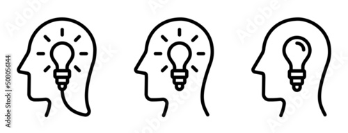 Head with Light Bulb icon - vector set. Idea line icons. Creative signs. Head and Bulb symbol. Outline style. Isolated. Editable stroke. Vector illustration