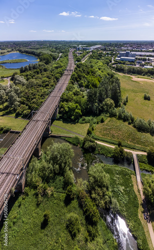 An aerial panorama view above the viaduct over the river Great Ouse at Wolverton, UK in summertime © Nicola