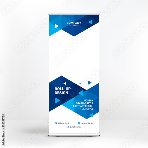 Roll-up design, geometric blue background for photos and text, creative design for presentations and conferences, seminars
