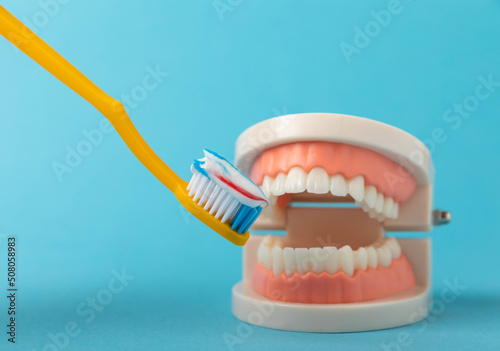 Dentures with a yellow toothbrush on a blue background. Upper and lower jaws with false teeth. Dentures or false teeth  close-up. copy space.Prevention of caries.MOCKUP