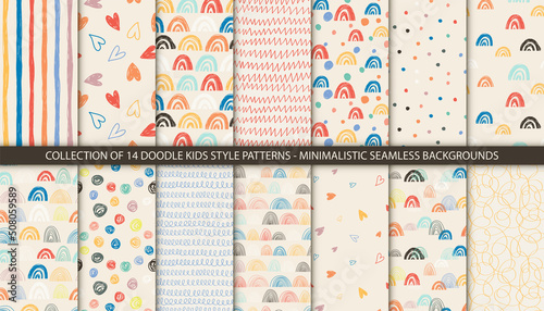 Set of kids colorful patterns with hand drawn abstract elements