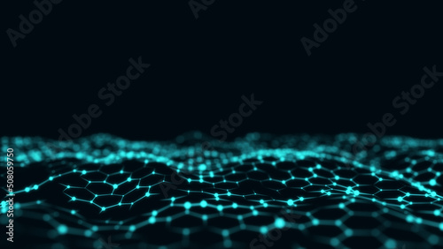 Digital technology wave. Dark cyberspace with blue motion dots and lines. Futuristic digital background. Big data analytics. 3d rendering.