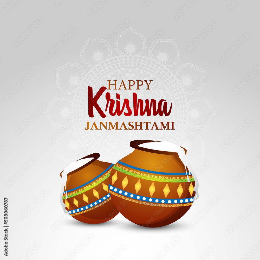 Happy krishna janmashtami background with matki and makhan Stock Vector