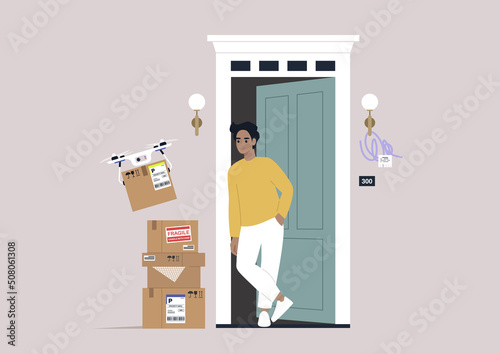 A young male Caucasian character standing in the doorway outside the building entrance, a drone delivering packages to their door