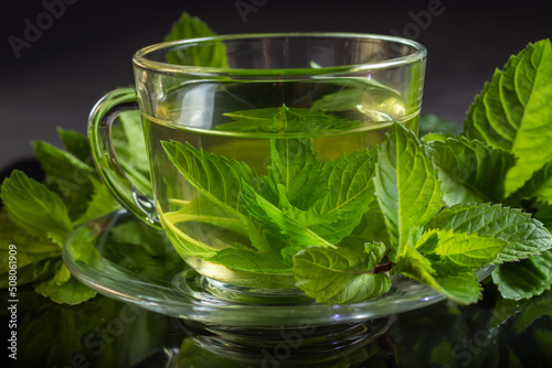 Close-up cup of mint tea with fresh leaf of mint