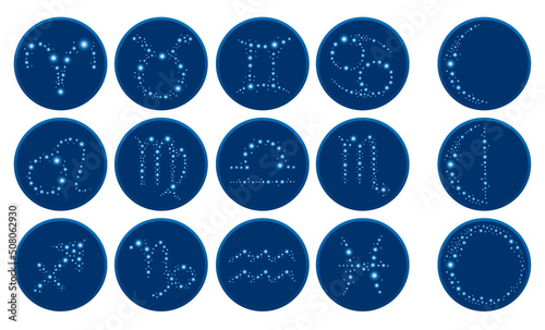 Set of Zodiac sign icons and moon phases in vector