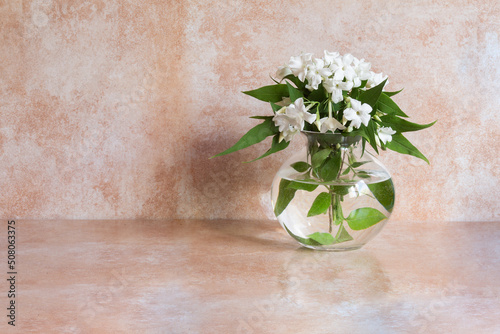 Fototapeta Naklejka Na Ścianę i Meble -  Jasmine bouquet filled with white flowers blooming in an elegant glass vase on an abstract studio background. Flowers and event decoration.