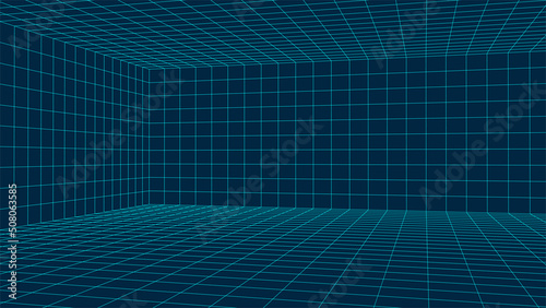 Empty futuristic 3D wireframe room. Vector perspective grid. Cyberspace background. Box with digital space in virtual reality.