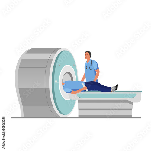 MRI is a magnetic resonance imaging machine scanning a patient inside under the supervision of a doctor's side view. Vector