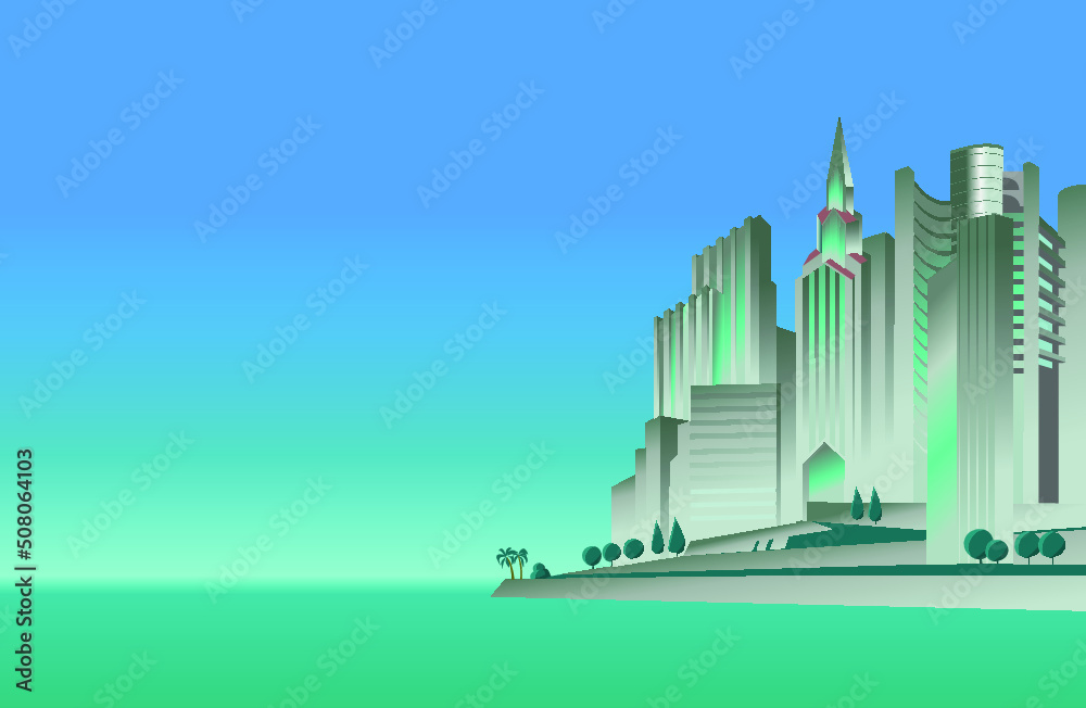 Huge megalopolis. Illustration of a modern mega city on the shore of a sea, ocean with modern skyscrapers and a beautiful sea front. Empty space leaves room for design elements, sings or text. Poster.