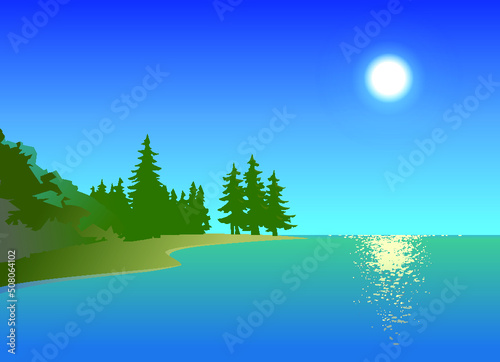 Summer day on the sea. Illustration of the seashore, with forest, bright sun and blue sky in the background. Empty space leaves room for design elements or text. Cartoon style. Postcard. Poster.Poster