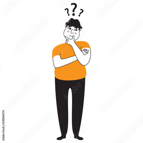 Pensive man thinking with hand on chin.Character have a question.Vector illustration in cartoon style.Pensive or thinking young guy.Isolated on white background.