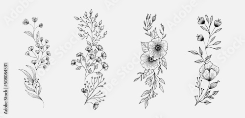Set of floral compositions. Botanical arrangement of leaves branches and blooming flowers. Vector ornamental herbs in boutonniere and bouquet. Wedding design