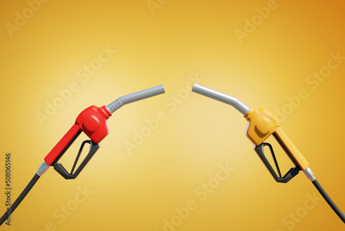 3d illustration of the fuel injector, gasoline, diesel, and gas injectors on yellow background. petroleum industry red and yellow pump head photo