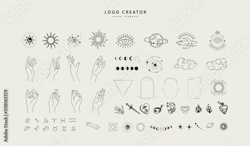Logo design creator with different frames, floral elements and hand gestures. Magic objects in a minimalistic linear style elements set isolated on background. Vector minimal trendy