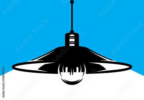 Vector illustration with hanging and glowing lamp and lampshade, place for text, template for banner or site. Blue background