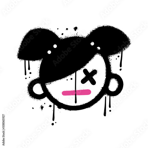 Awesome Girl with dead eyes - Urban street graffiti style, Female character with emo black hair. Splash effects and drop isolated on white background. Print for graphic merch. Tectured vector design.