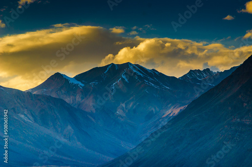 Dramatic clouds during sunset in the mountains in Losar, Himachal, India