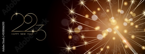 Happy New Year 2023. Holiday greeting banner with balloons and the inscription
