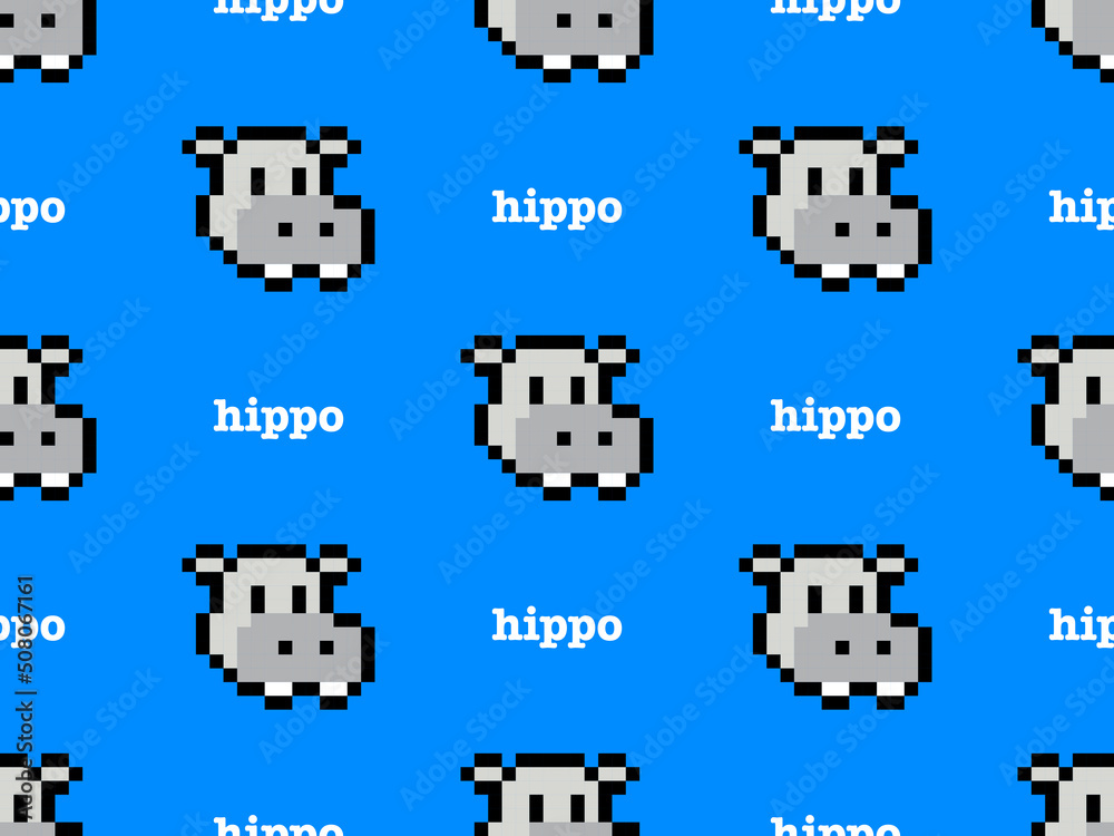 Hippo cartoon character seamless pattern on blue background. Pixel style.