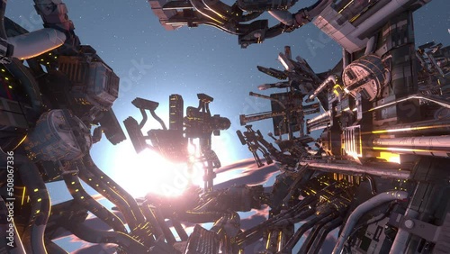 Space station orbit blue sky stars 3d animation