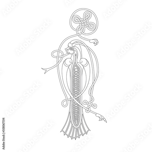 Line Drawing of a Medieval Initial Letter I combining animal body parts from a Dog and a Dragon with endless Celtic knot ornaments