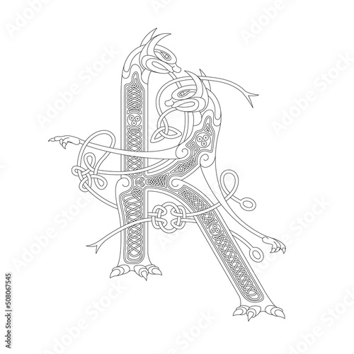 Line Drawing of a Medieval Initial Letter K combining animal body parts from Dogs and endless Celtic knot ornaments