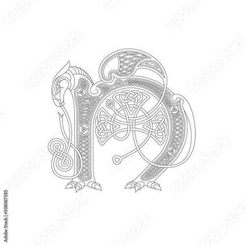 Line Drawing of a Medieval Initial Letter N combining animal body parts from a Horse and Dragons and endless Celtic knot ornaments