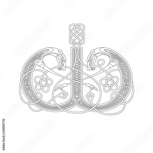 Line Drawing of a Medieval Initial Letter W combining animal body parts from Dogs and endless Celtic knot ornaments